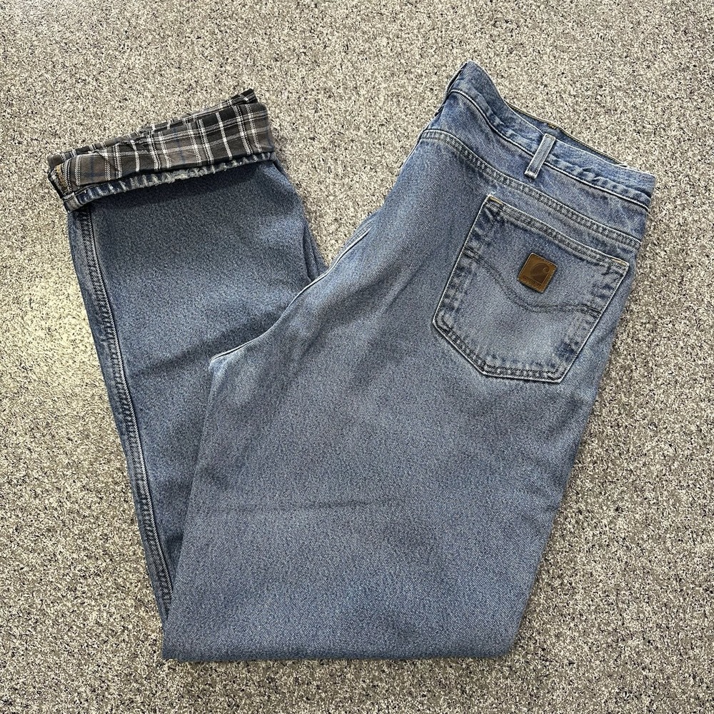Carhartt Flannel Lined Jeans Mens 40x36 Relaxed Fit Straight Leg B172 Light Wash